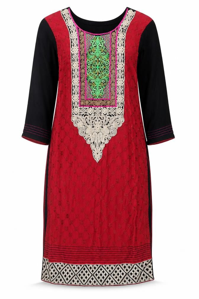 Front view of Bushra Khan women’s red geometric shift, size M