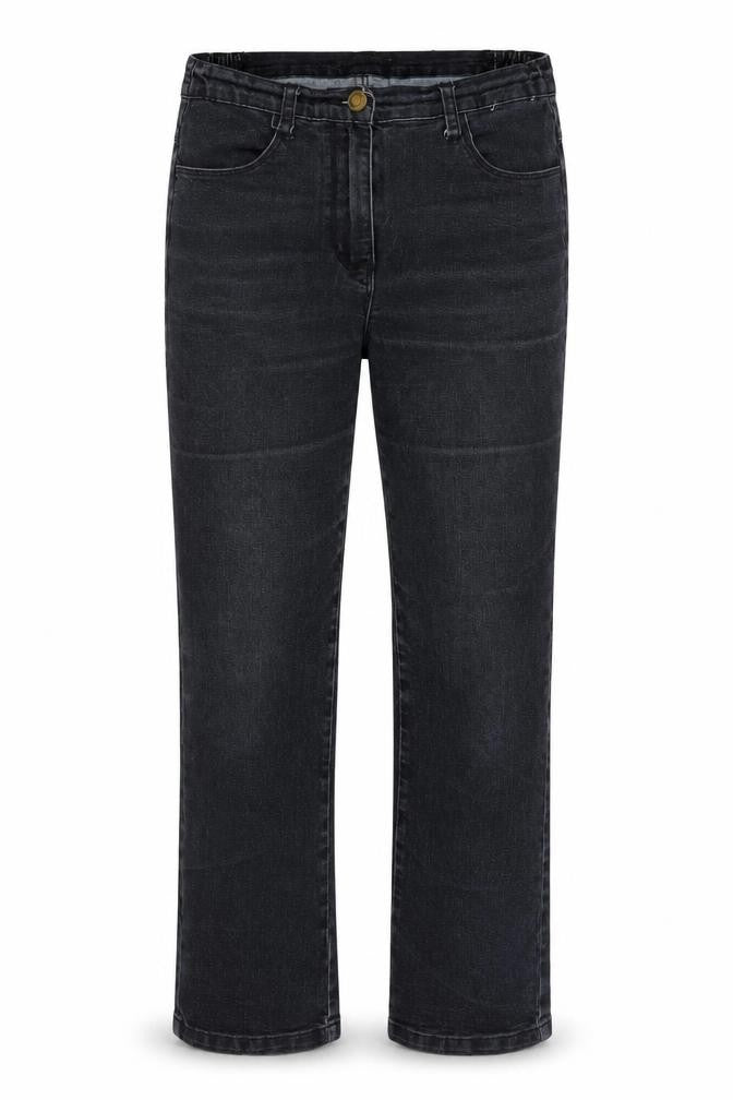 Front view of women’s black denim skinny jeans, size UK 10, 25-inch leg