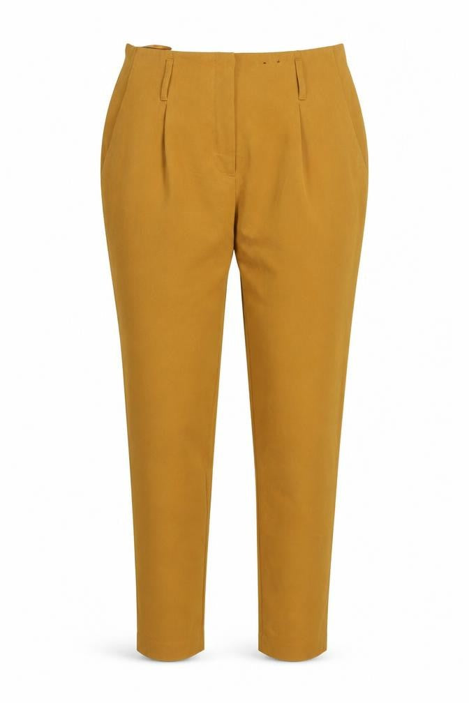 Front view of F&F women’s yellow carrot trousers, size UK 12, 26-inch leg