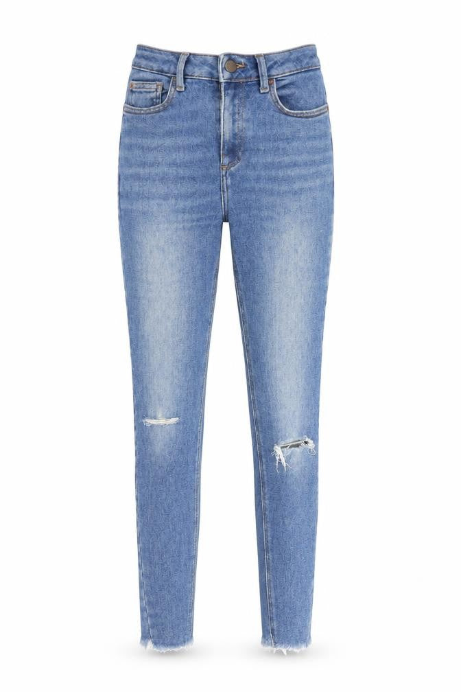 Front view of New Look women’s blue denim skinny jeans, size UK 6, 27-inch leg