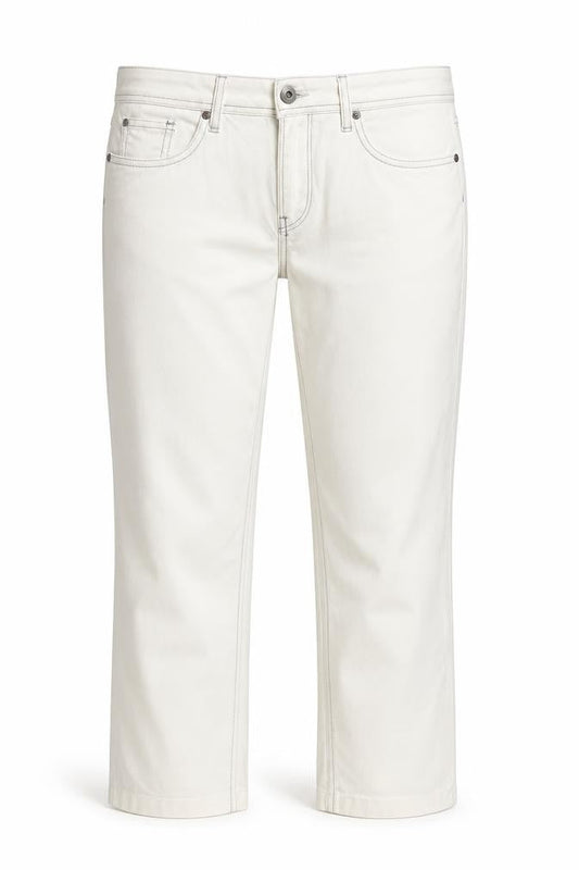 Front view of Crew Clothing White Denim Capri Jeans, size 32, in, 27-inch leg