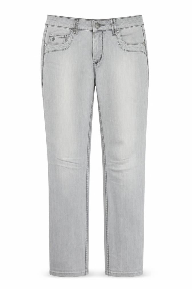 Front view of FIVE women’s grey denim straight jeans, size UK 29, in, 34-inch leg