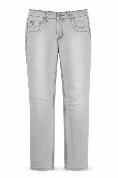 Front view of FIVE women’s grey denim straight jeans, size UK 29, in, 34-inch leg