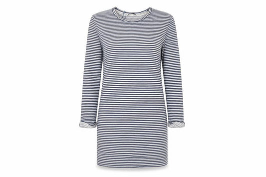 Front view of Tu women’s blue striped jumper dress, size UK 10