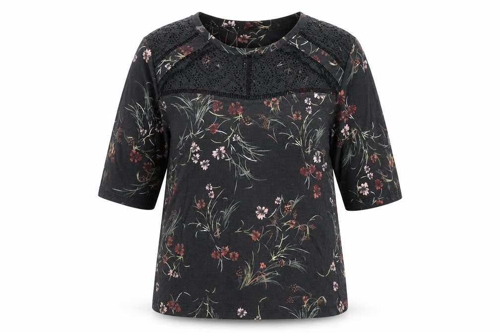 Front view of Marks & Spencer women’s black floral jumper, size UK 14