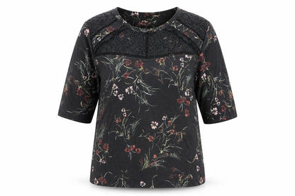 Front view of Marks & Spencer women’s black floral jumper, size UK 14
