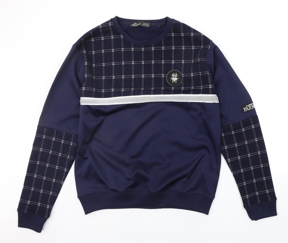 Front view of Bravo men’s blue check jumper, size XL