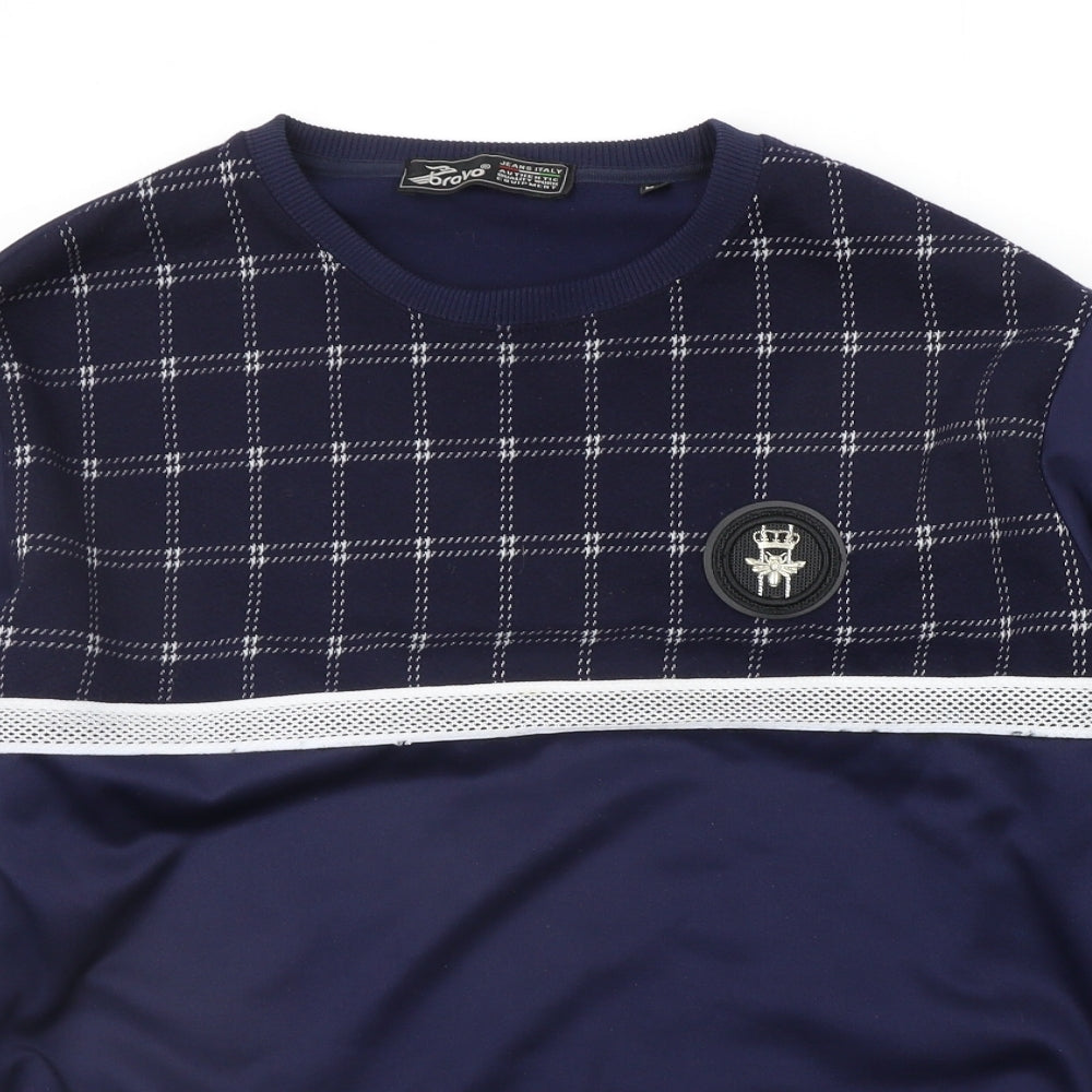 Close-up detail of Bravo men’s blue check jumper, size XL