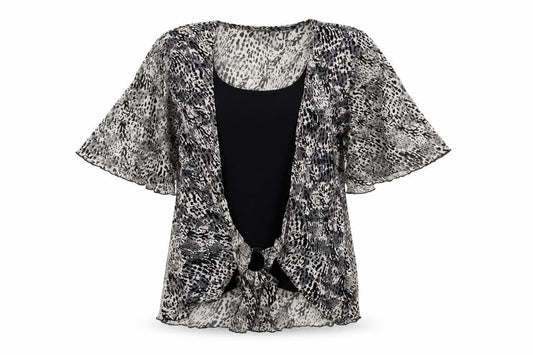 Front view of Saloos women’s black animal print basic t-shirt, size M