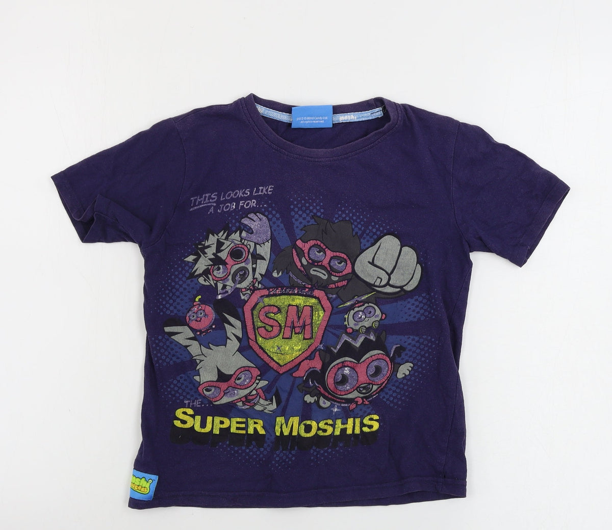 Front view of TESCO boys’ blue basic t-shirt, size 6-7, years - moshi monsters