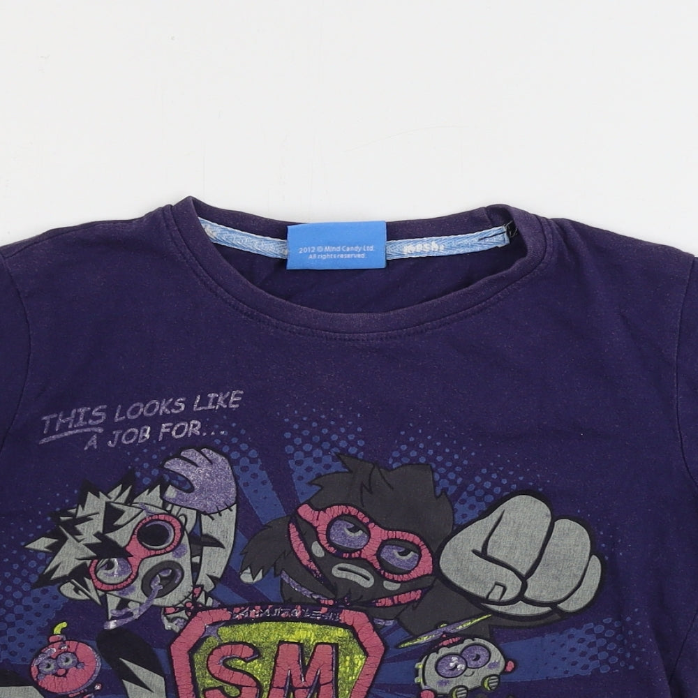 Close-up detail of TESCO boys’ blue basic t-shirt, size 6-7, years - moshi monsters
