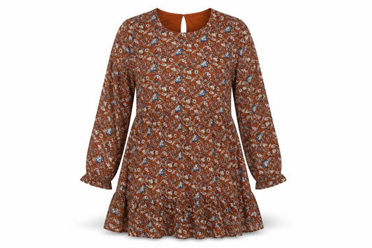 Front view of Daphnea women’s brown floral fit & flare, size S
