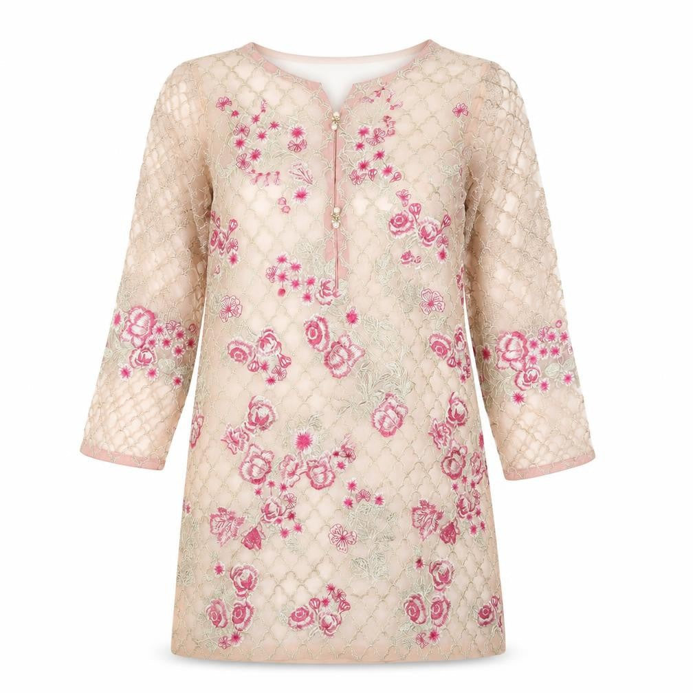 Front view of Beechtree women’s beige tunic blouse, size UK 10