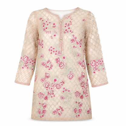 Front view of Beechtree women’s beige tunic blouse, size UK 10