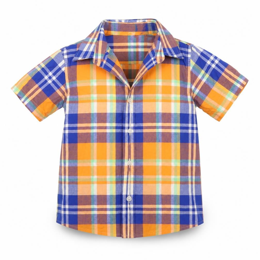 Front view of Lands ends girls’ orange check basic button-up, size 6, years