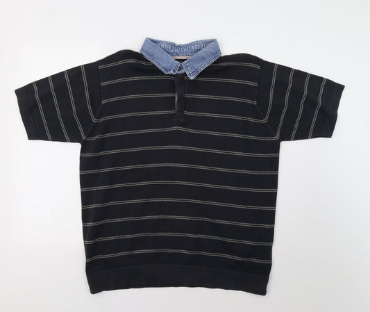 M&S Mens Black Striped   Polo Size L