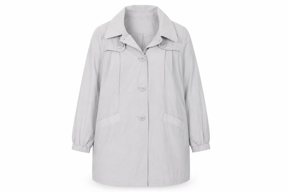 Front view of Casual Comfort women’s grey overcoat coat, size UK 16