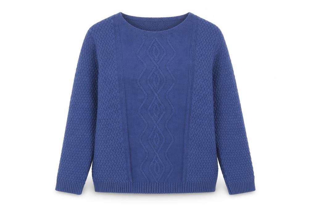 Front view of ENVY US women’s blue geometric pullover sweatshirt, size L