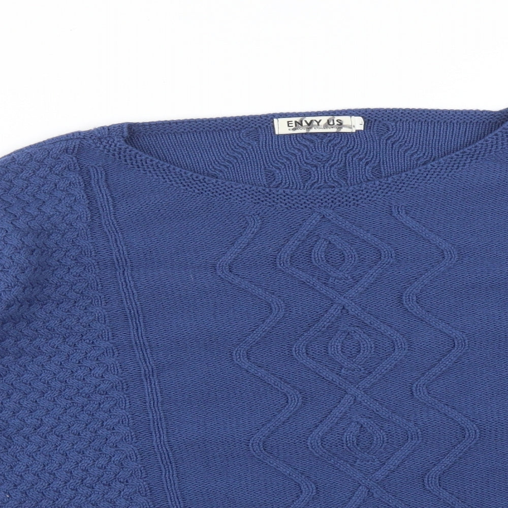 Close-up detail of ENVY US women’s blue geometric pullover sweatshirt, size L