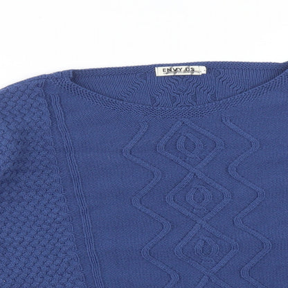 Close-up detail of ENVY US women’s blue geometric pullover sweatshirt, size L