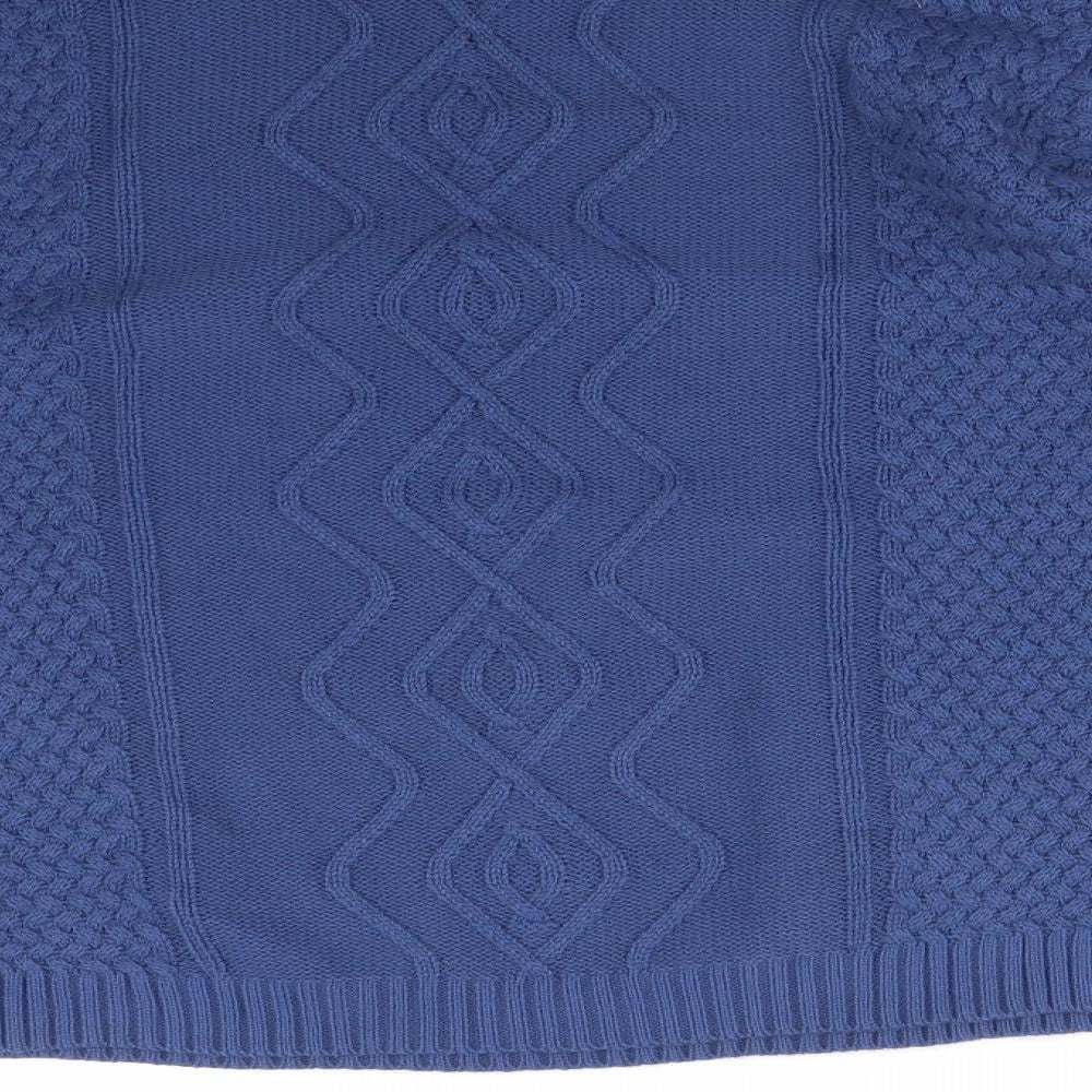 Brand and care label for ENVY US women’s blue geometric pullover sweatshirt, size L