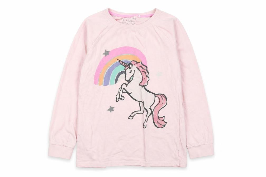 Front view of Next girls’ pink solid pyjama top, size 11, years - unicorn rainbow