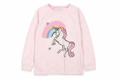 Front view of Next girls’ pink solid pyjama top, size 11, years - unicorn rainbow