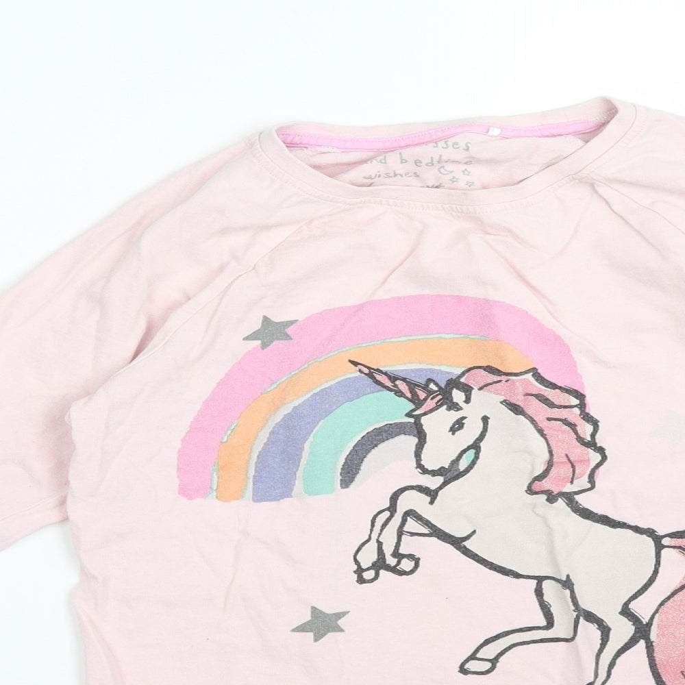 Close-up detail of Next girls’ pink solid pyjama top, size 11, years - unicorn rainbow