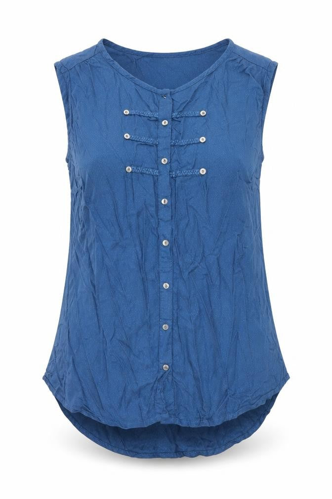 Front view of Tue women’s blue basic blouse, size UK 10