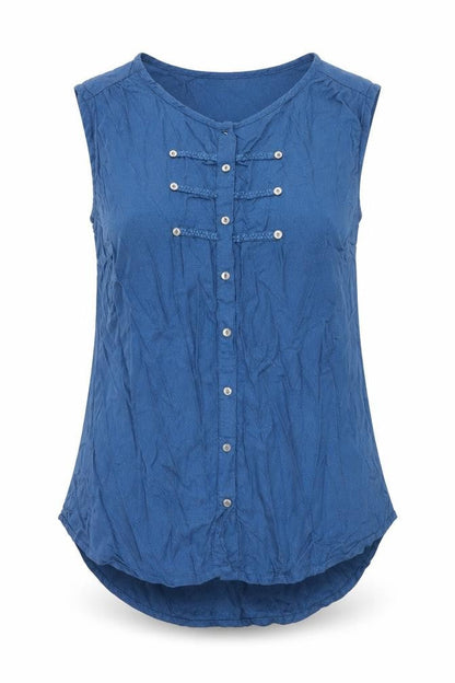 Front view of Tue women’s blue basic blouse, size UK 10
