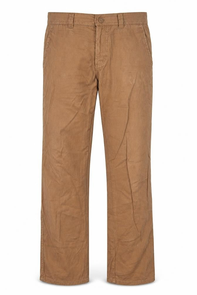 Front view of Denim Co. men’s brown trousers, size 34, in, 29-inch leg