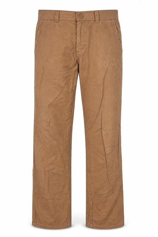 Front view of Denim Co. men’s brown trousers, size 34, in, 29-inch leg
