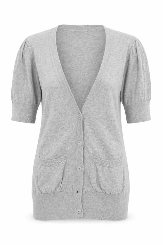 Front view of New Look women’s grey knit cardigan jumper, size UK 6