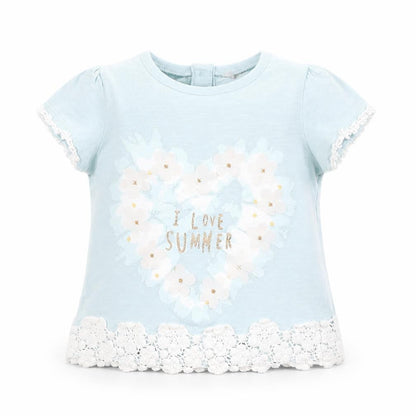 Front view of F&F girls’ blue basic t-shirt, size 9-12, months