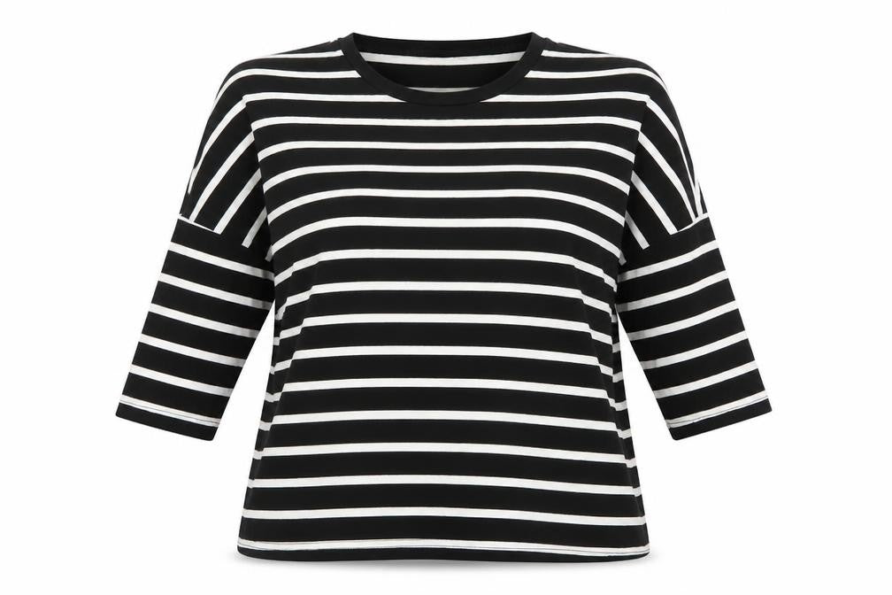 Front view of Atmosphere women’s black striped pullover sweatshirt, size UK 8