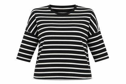 Front view of Atmosphere women’s black striped pullover sweatshirt, size UK 8