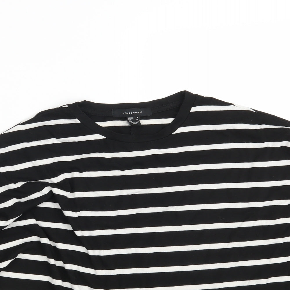 Close-up detail of Atmosphere women’s black striped pullover sweatshirt, size UK 8