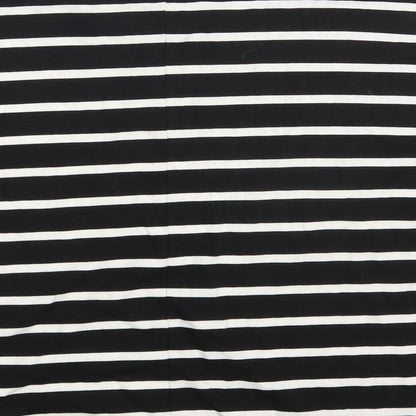 Brand and care label for Atmosphere women’s black striped pullover sweatshirt, size UK 8