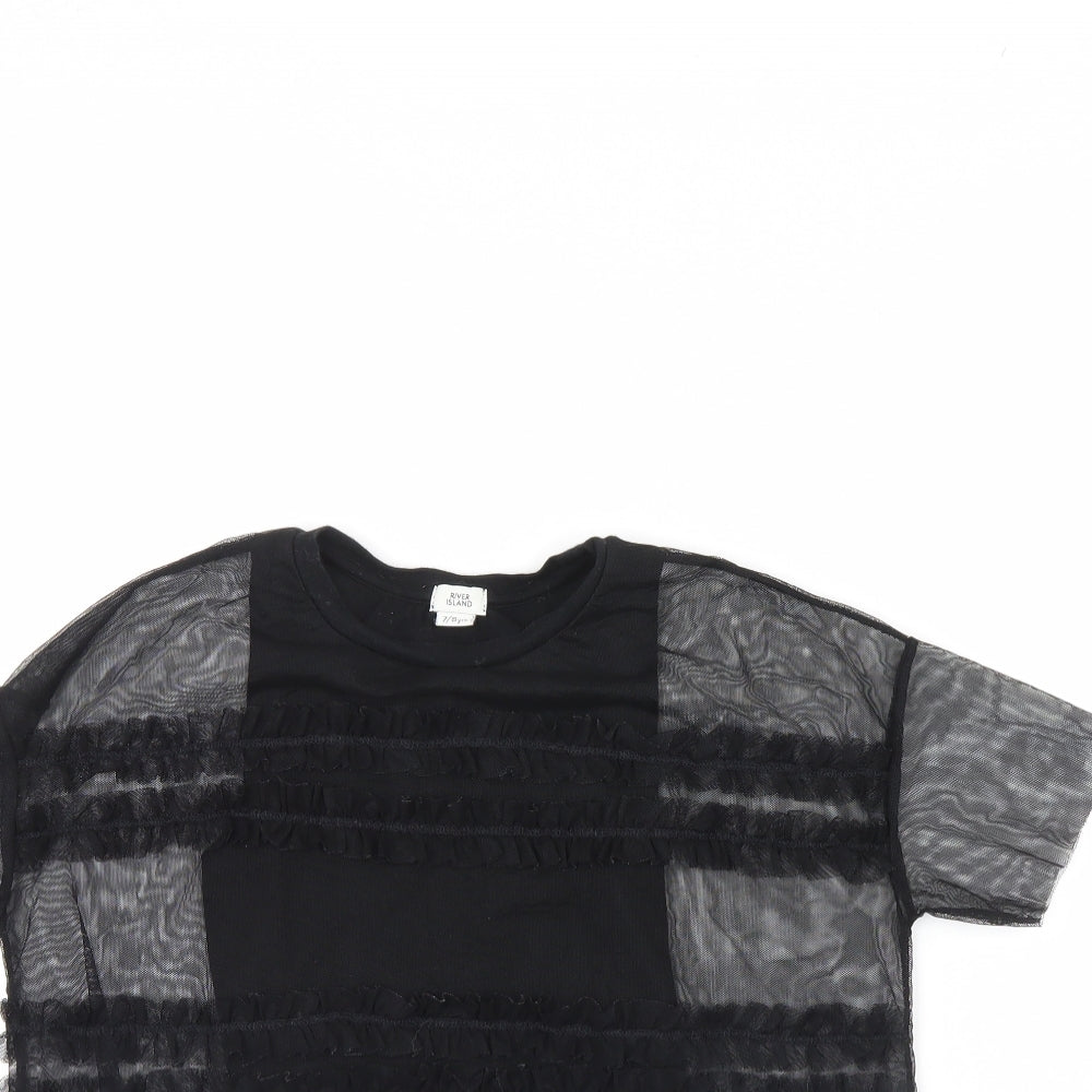 Close-up detail of River Island girls’ black basic t-shirt, size 7, years