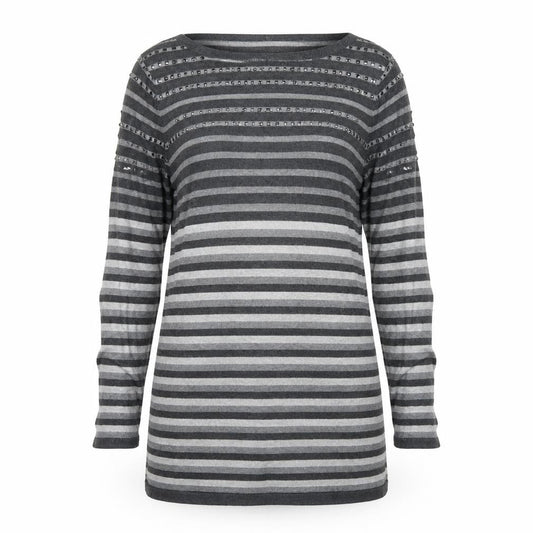 Front view of Marks & Spencer women’s grey striped jumper, size UK 10