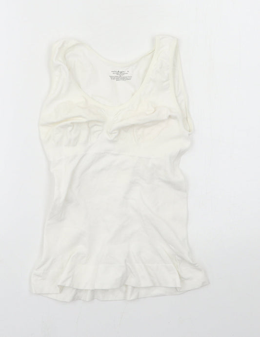 Front view of Camishpaes women’s white basic tank, size L