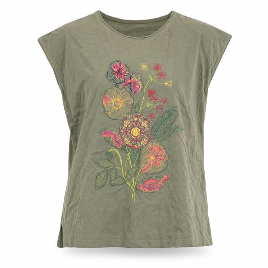 Front view of ELVI women’s green basic t-shirt, size M