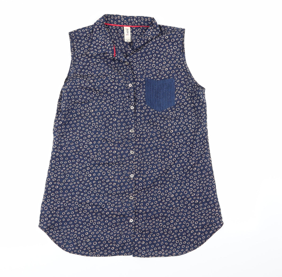 Additional front view of kind women’s blue geometric basic button-up, size XL