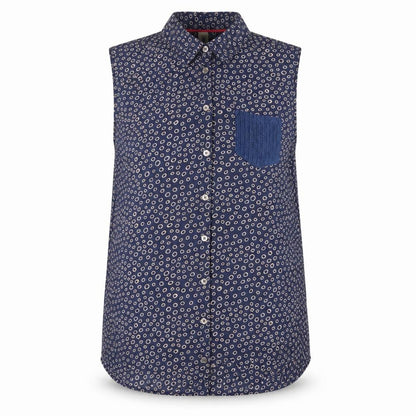 Front view of kind women’s blue geometric basic button-up, size XL