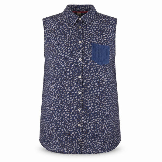 Front view of kind women’s blue geometric basic button-up, size XL