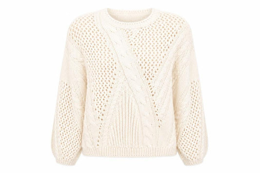 Front view of Sweewë women’s beige geometric jumper, size S, -, size S-m