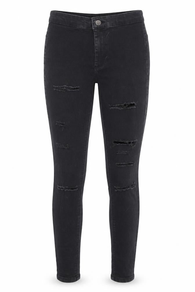 Front view of Topshop women’s black skinny jeans, size UK 25, in, 32-inch leg - ripped jeans