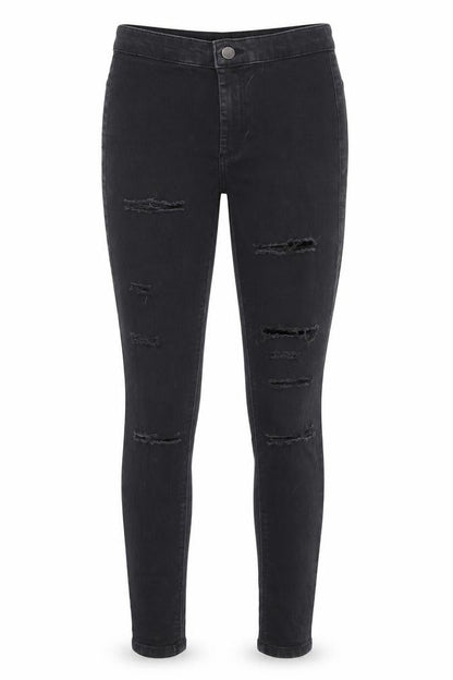 Front view of Topshop women’s black skinny jeans, size UK 25, in, 32-inch leg - ripped jeans