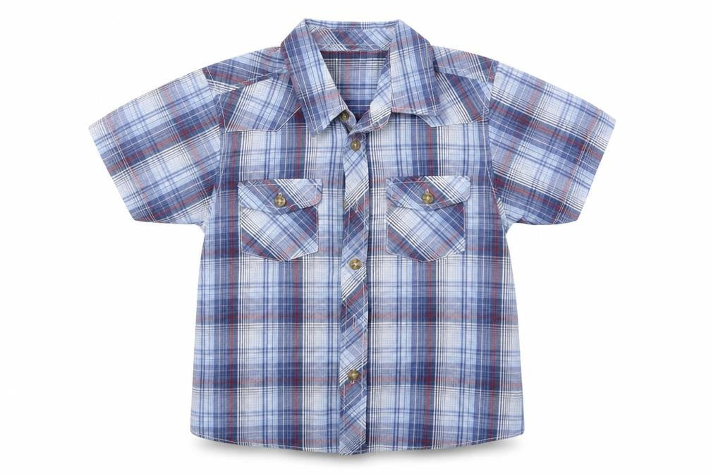Front view of Ladybird boys’ blue plaid basic button-up, size 5-6, years