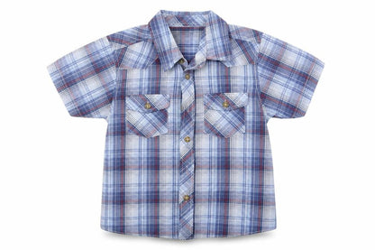 Front view of Ladybird boys’ blue plaid basic button-up, size 5-6, years